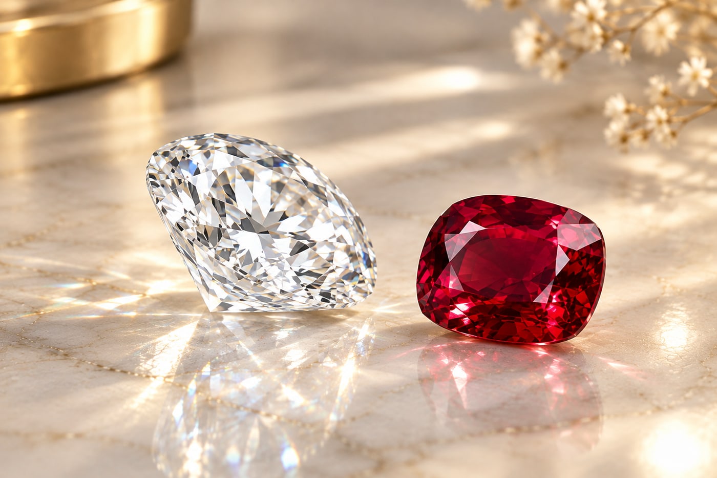 A brilliant-cut diamond beside a cushion-cut ruby on cream marble